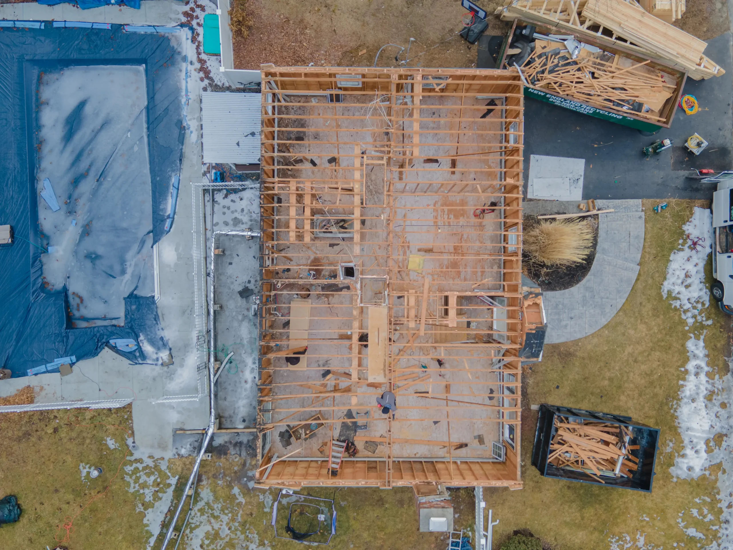 Full roof teardown and rebuild during fire damage restoration project